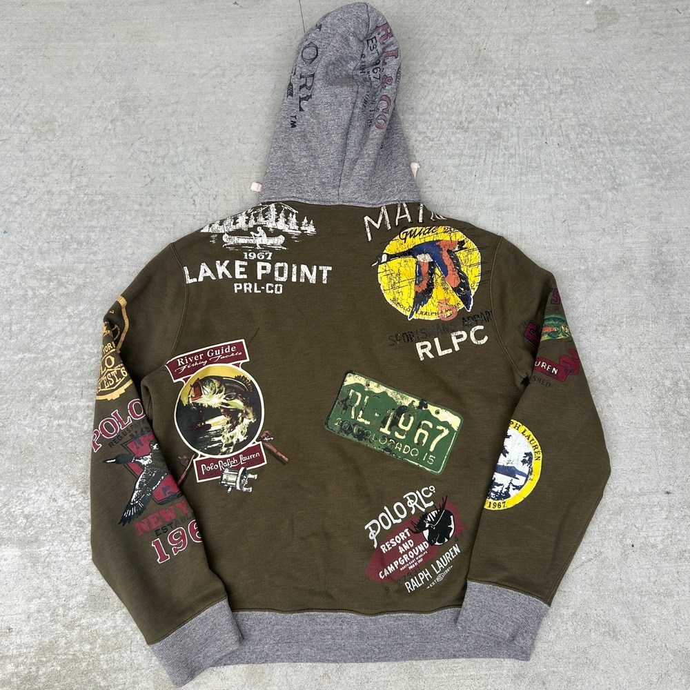 Polo Ralph Lauren Sportsman Afterhood Hoodie Mens Large Olive Multi Graphic Rare - Picture 7 of 8